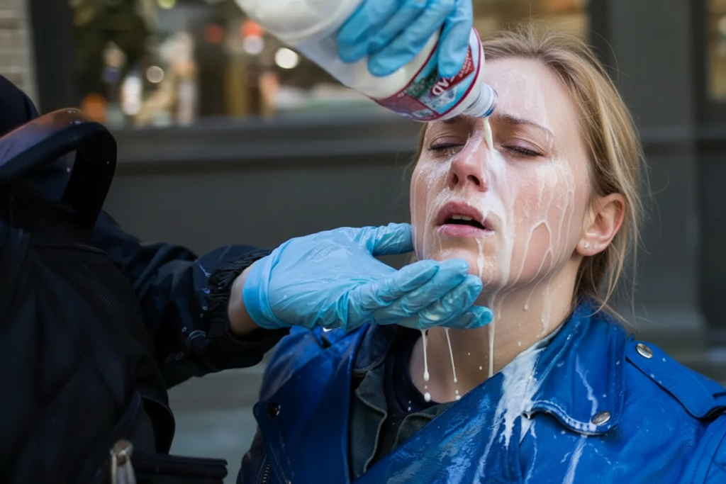woman having her eyes flushed with milk