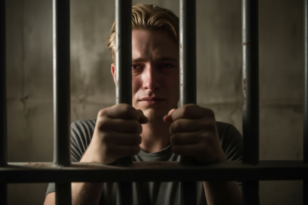 sad man behind prison bars