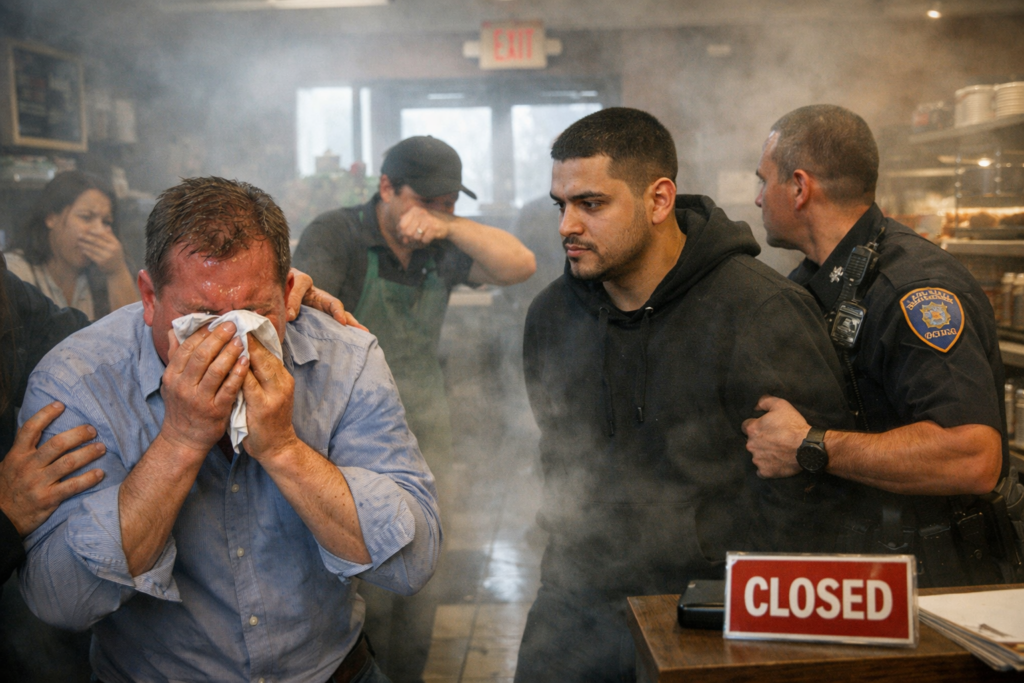 scene inside a cafe with a visible fog of pepper spray and several victims coughing and rubbing their eyes as a police officer detains a man
