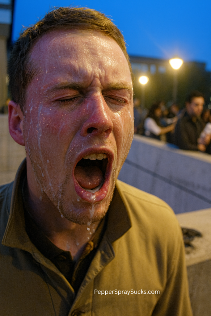 man with pepper spray running down his face - his eyes are closed and he's gasping for breath. He's wearing a green shirt.