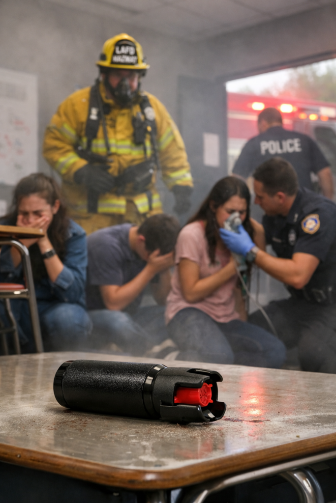 ai image showing firefighters, police students in a foggy classroom. students are covering their eyes and mouths. a paramedic is administering oxygen to a girl as a canister of pepper spray sits on a desktop in the foreground.