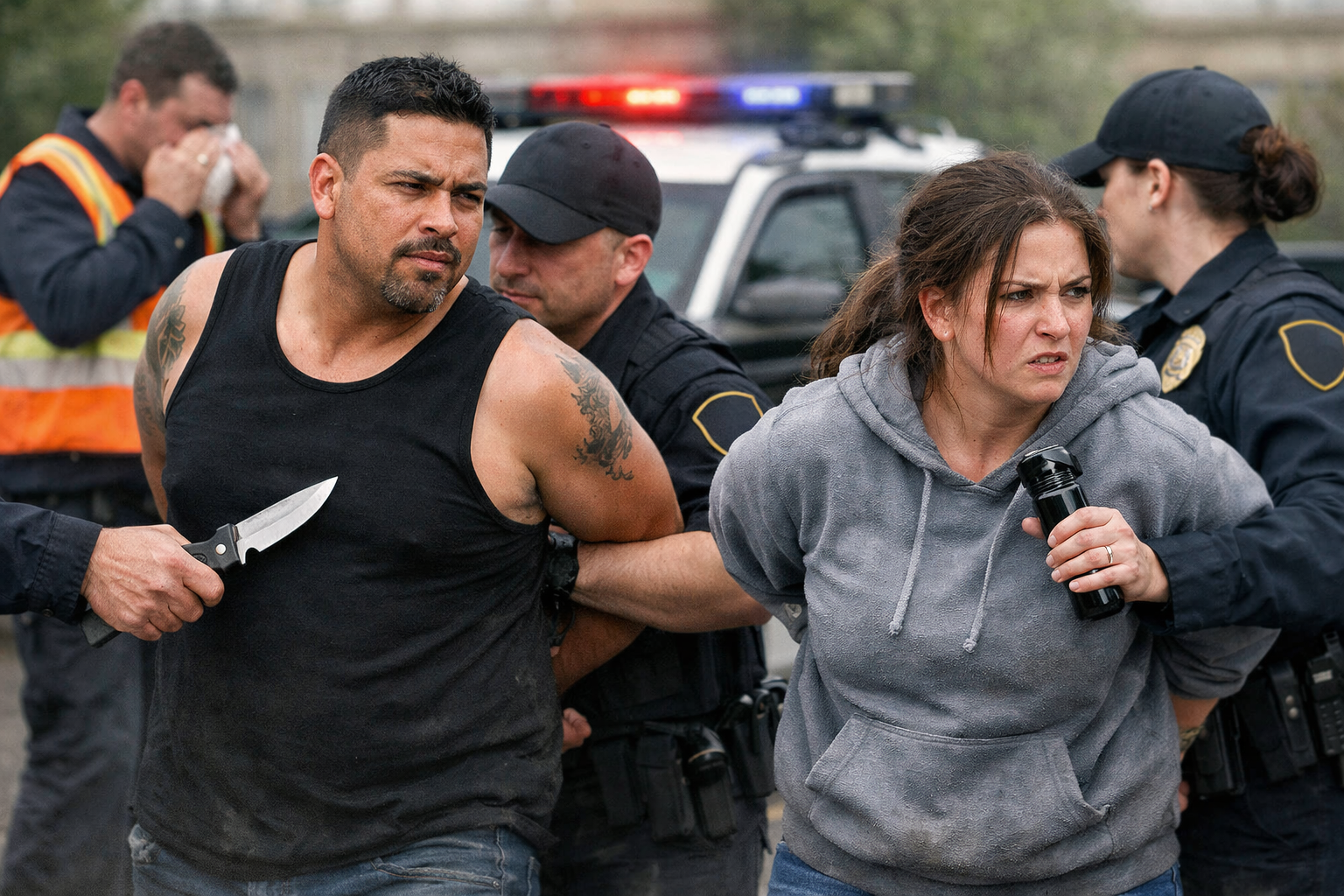 man with knife and woman with pepper spray detained by police as rpad construction worker winces in pain